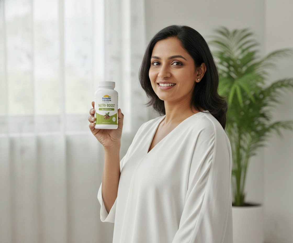 Woman in kitchen with healthy lifestyle products